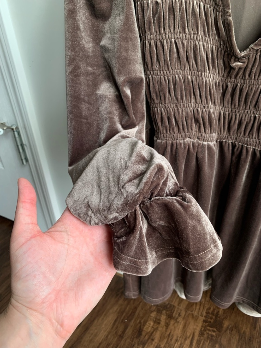 Umgee Velvet Smocked Peasant Blouse in Brown - Picture 3 of 6